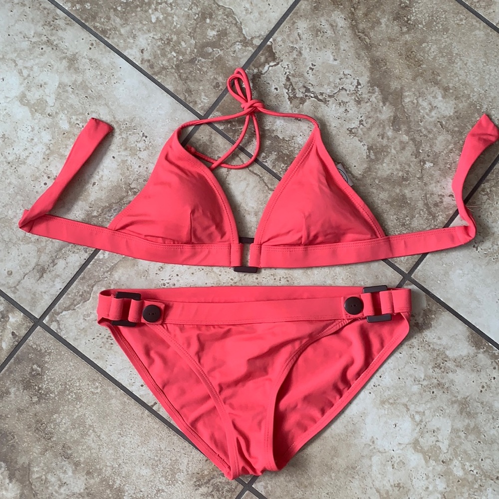 Coral bikini with brown hardware